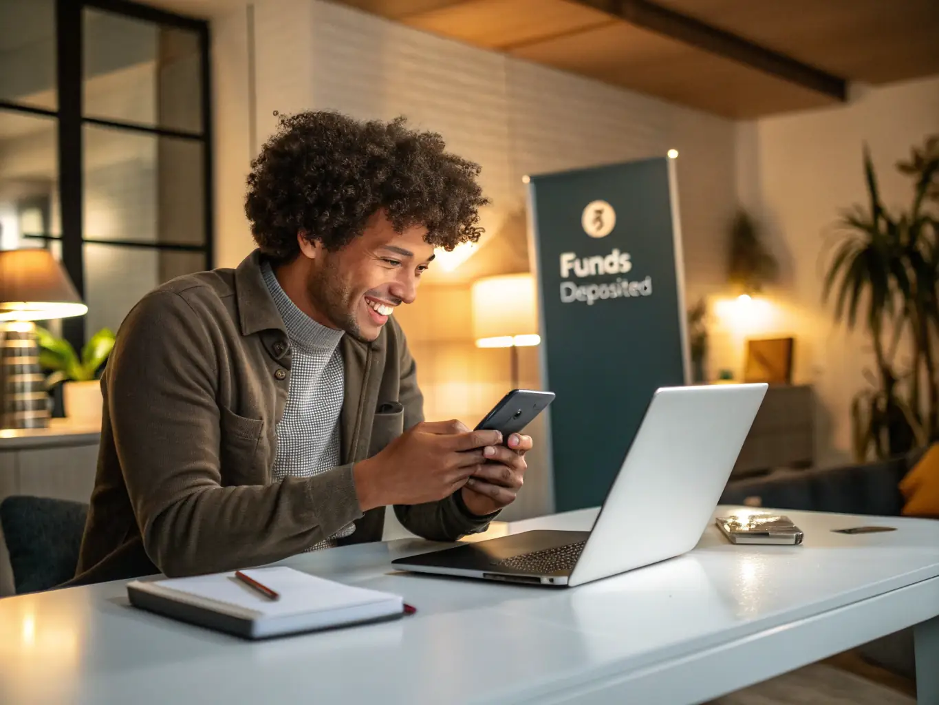 A person looking relieved while using a budgeting app on their phone, representing effective debt management through budgeting. The image should convey a sense of control and financial stability.