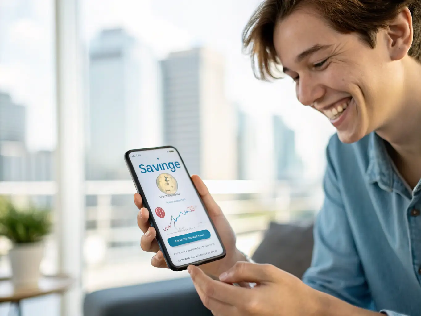 A person happily checking their savings account balance on a mobile phone, with a background showing iconic UK landmarks like the Houses of Parliament and the London Eye, symbolizing financial growth in the UK.
