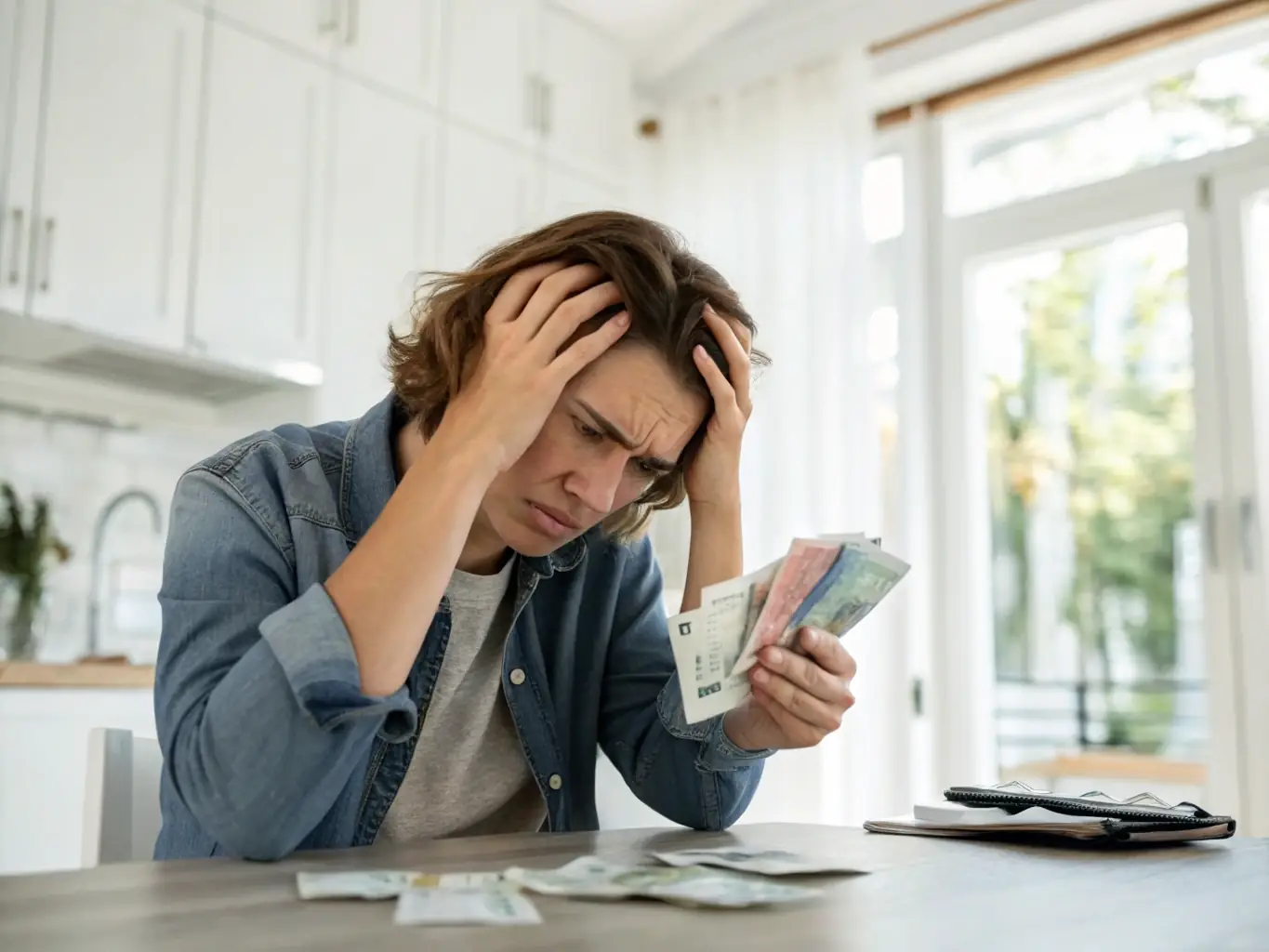 A person looking stressed while holding bills, symbolizing the burden of debt. The image should convey a sense of urgency and the need for debt management solutions.